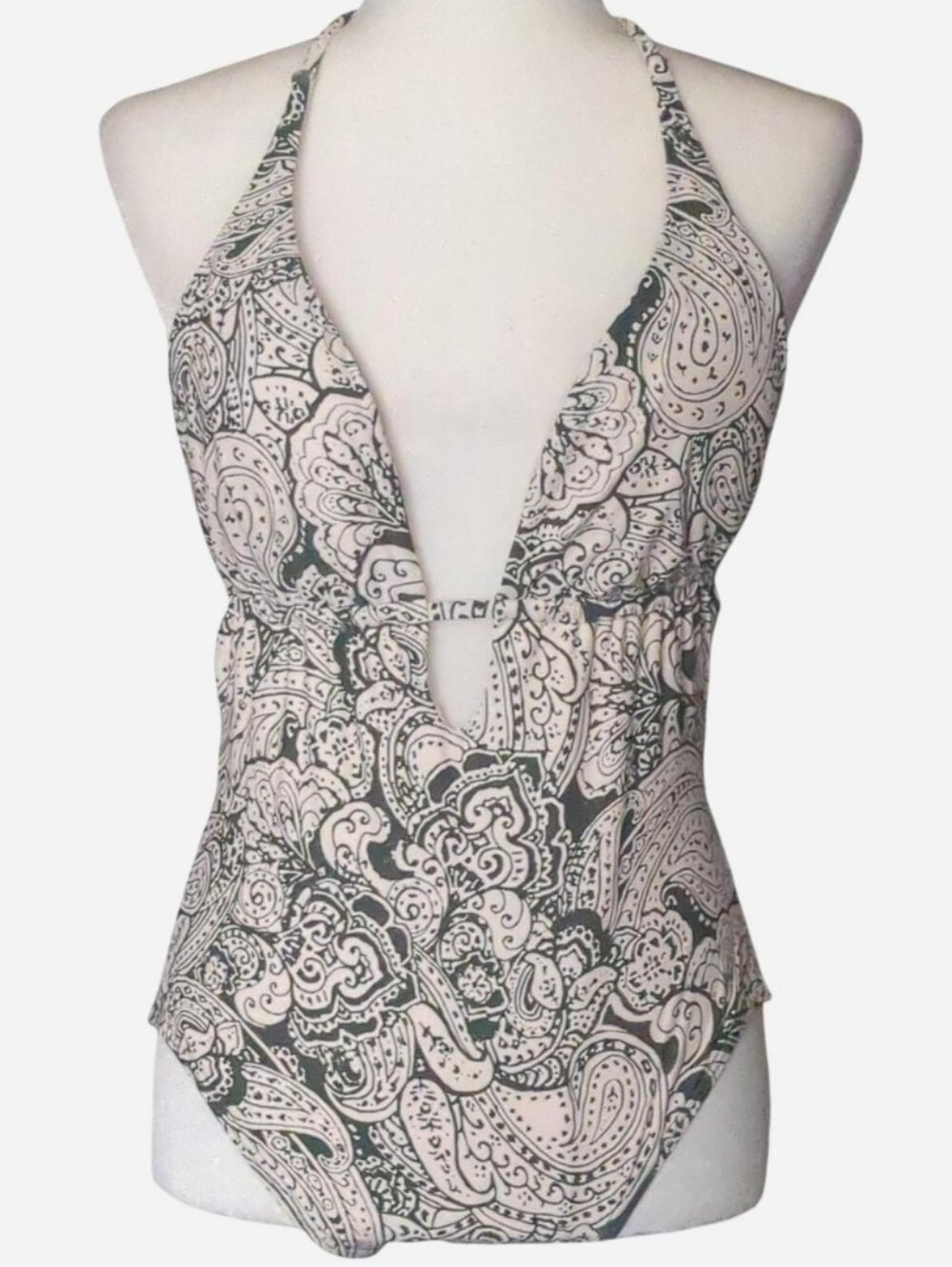 Vince Camuto Paisley Plunge One Piece Swimsuit Monokini  Olive Green Cream Sz 14